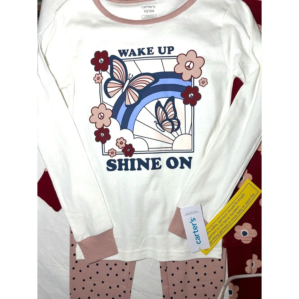 Carter's Girls Sz‎ 10 Pajama Set 4pc Wake Up Shine On Flower Pants Long Sleeve